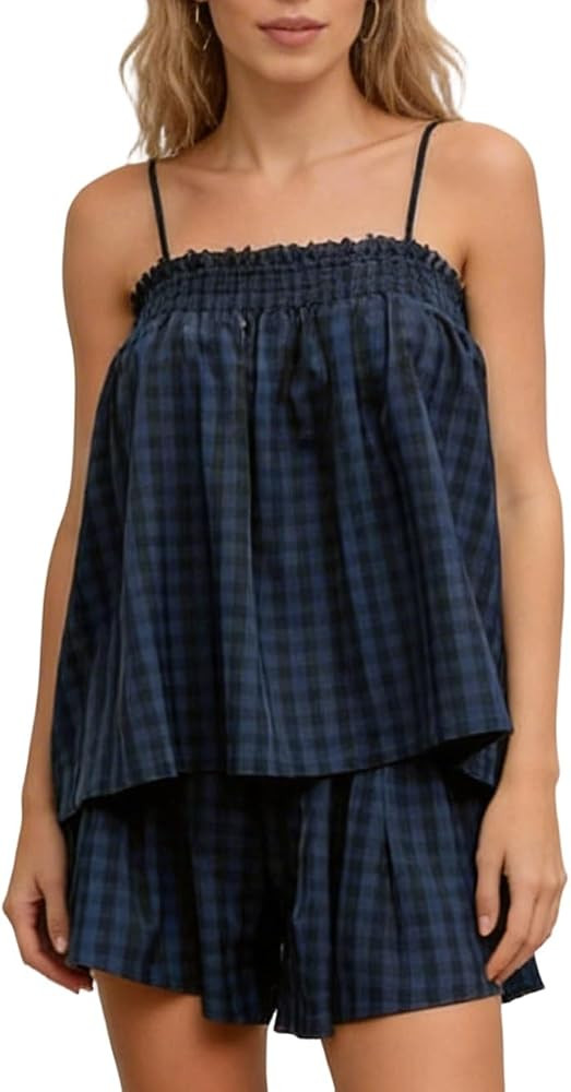 Women Gingham Two Piece Set Sleeveless Babydoll Tank Top and Plaid Shorts Pajama Set Sleepwear Y2... | Amazon (US)