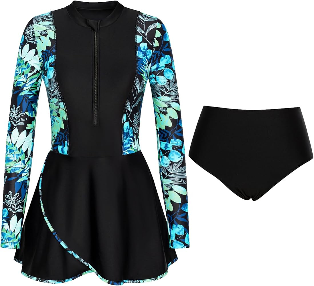 JASAMBAC Womens 2pcs Rash Guard Long Sleeve Swimskirt Tummy Control Bathing Suits Zip Up UPF 50+ ... | Amazon (US)