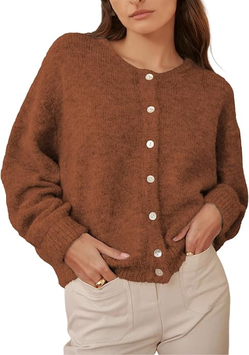 Womens Cardigan Sweater Front Button Loose Y2k Long Sleeve Crewneck | Amazon (US)