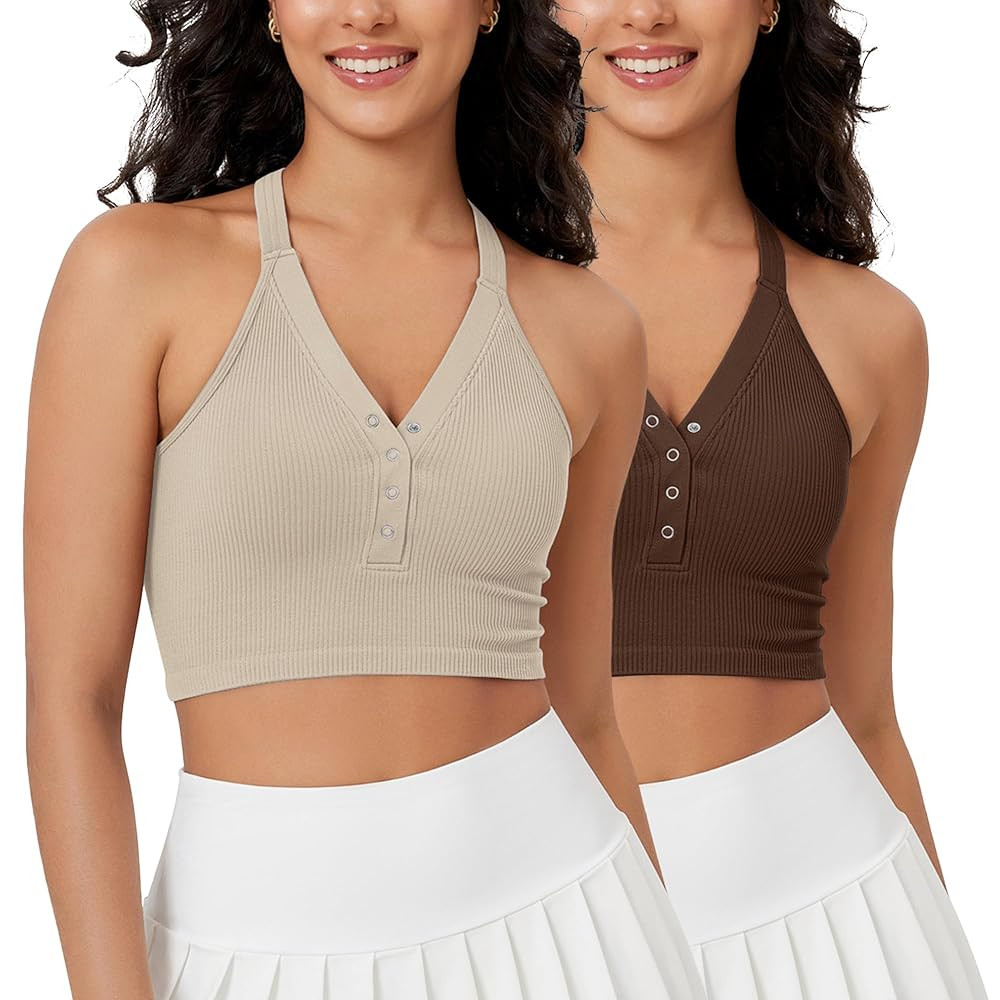 ODODOS 2-Pack Seamless Henley Crop for Women Open Back Ribbed Tank Button-up Cropped Top | Amazon (US)