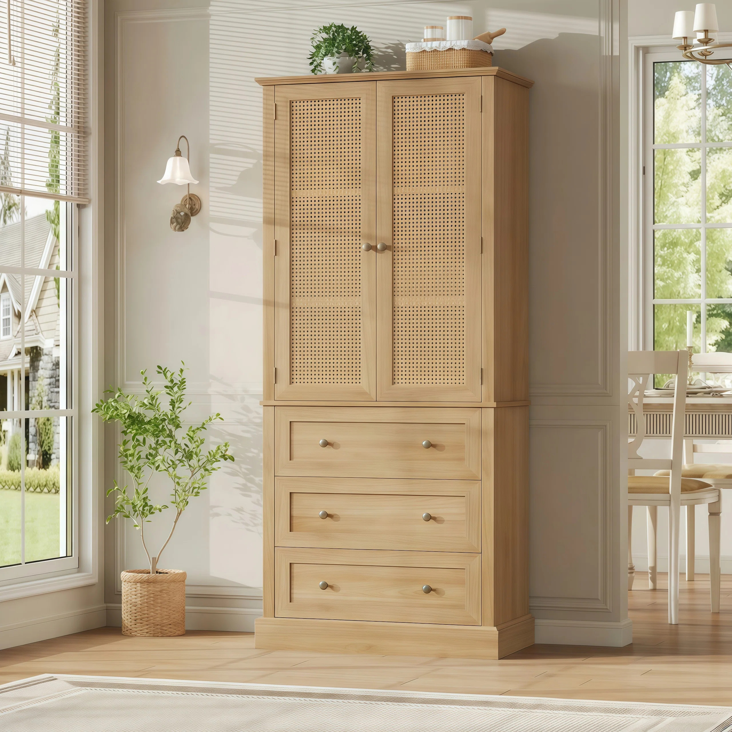 Ashlon 73" Stand Alone Rattan Door Kitchen Pantry With Removable Wine Rack, Wood Storage Pantry C... | Wayfair North America