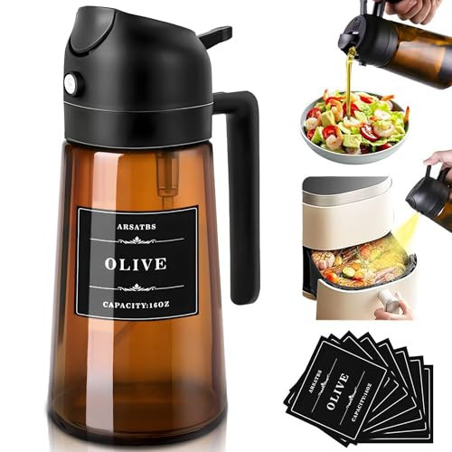 Arsatbs 16oz/470ml Olive Oil Sprayer for Cooking, 2 in 1 Oil Dispenser Bottle Spray and Pour with Stickers, Premium Dark Brown Glass Oil Bottle for Air Fryer, and Salad | Amazon (US)