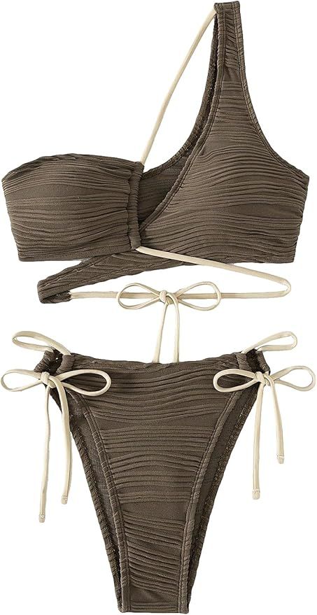 SHENHE Women's 2 Piece Bathing Suit One Shoulder Criss Cross Tie Side Bikini Set | Amazon (US)