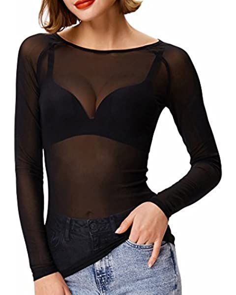 Women's Short Sleeve Long Sleeve Bodycon Clubwear Sheer Pure Mesh Tops T Shirts | Amazon (US)