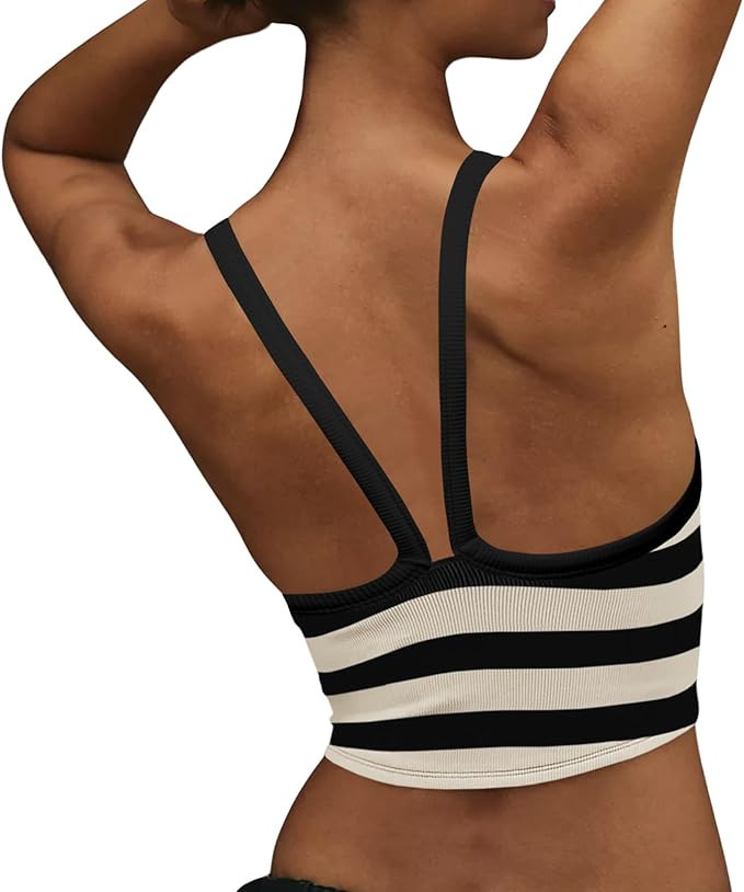 Womens Striped Crop Sleeveless Tank Tops Scoop Neck Crossed V Racerback Cami Workout Yoga Athleti... | Amazon (US)