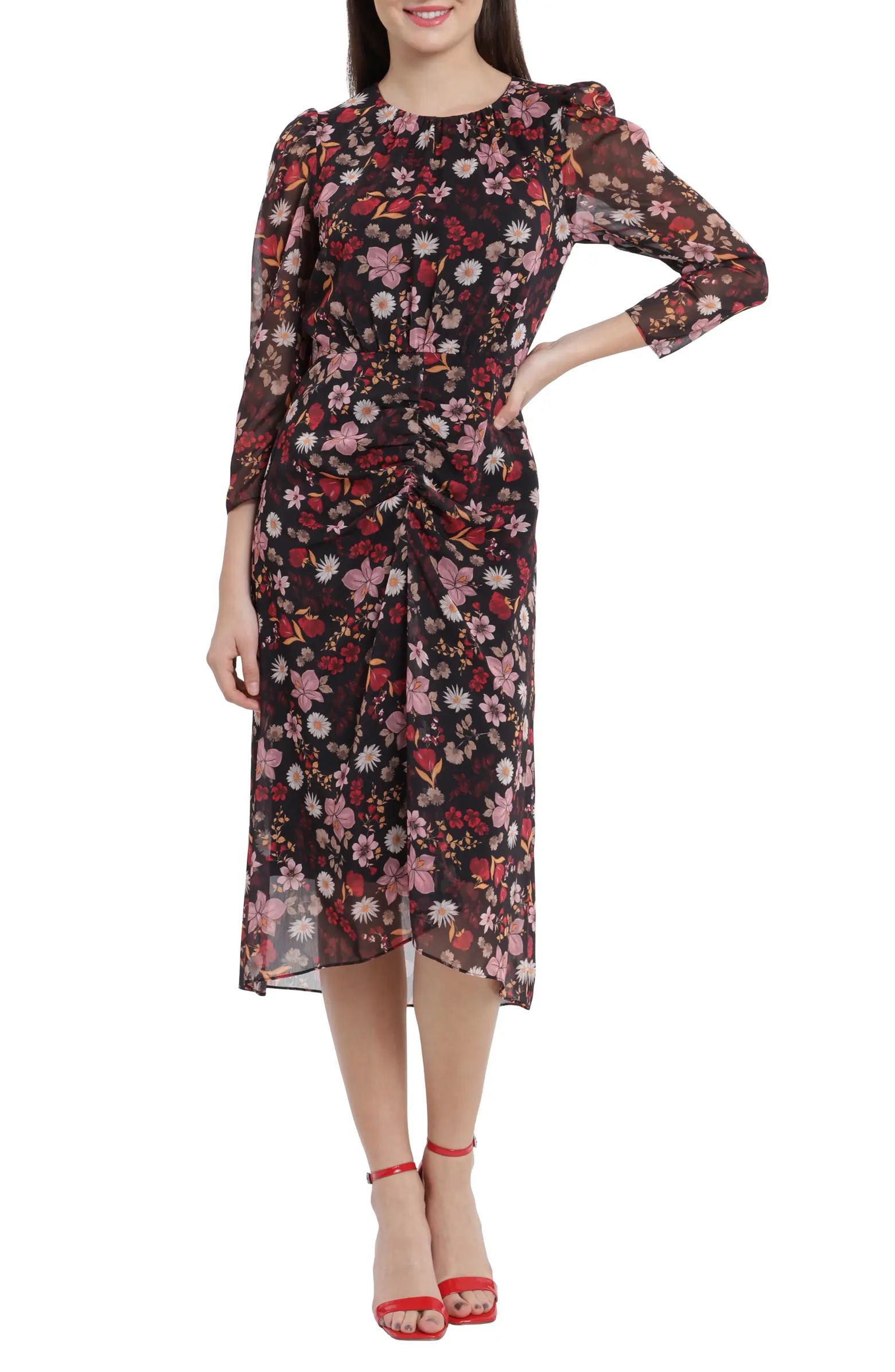 Maggy London Floral Print Shirred Long Sleeve High/Low Midi Dress | Nordstrom | Nordstrom