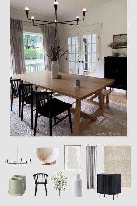 Dining Room Decor. Black dining chairs, white oak dining table, velvet curtains, Fall stems, jute rug, alabaster wall sconce, vintage bar cabinet. Organic modern home decor. See more at RoomCrush.com

#LTKstyletip #LTKunder50 #LTKhome