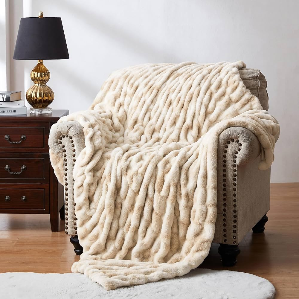 WDCOZY Ruched Faux Fur Throw Blanket Fluffy Soft Cozy Luxurious Blankets Couch Bed Sofa Chair Hom... | Amazon (US)