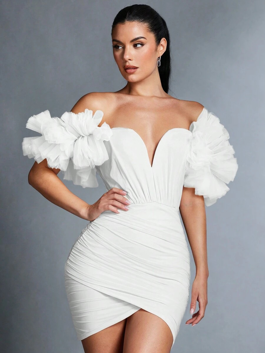 SHEIN BAE Women's Elegant Solid Color Off Shoulder Ruched Wrap Fitted Mini Dress,Valentine's Day,... | SHEIN