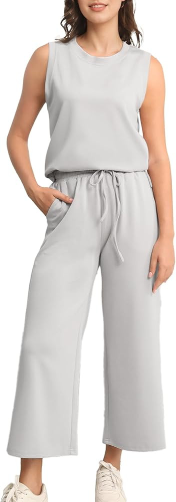 Womens 2 Piece Outfits Sleeveless Tunic Tank Top Drawstring High Waist Wide Leg Pants Lounge Sets... | Amazon (US)