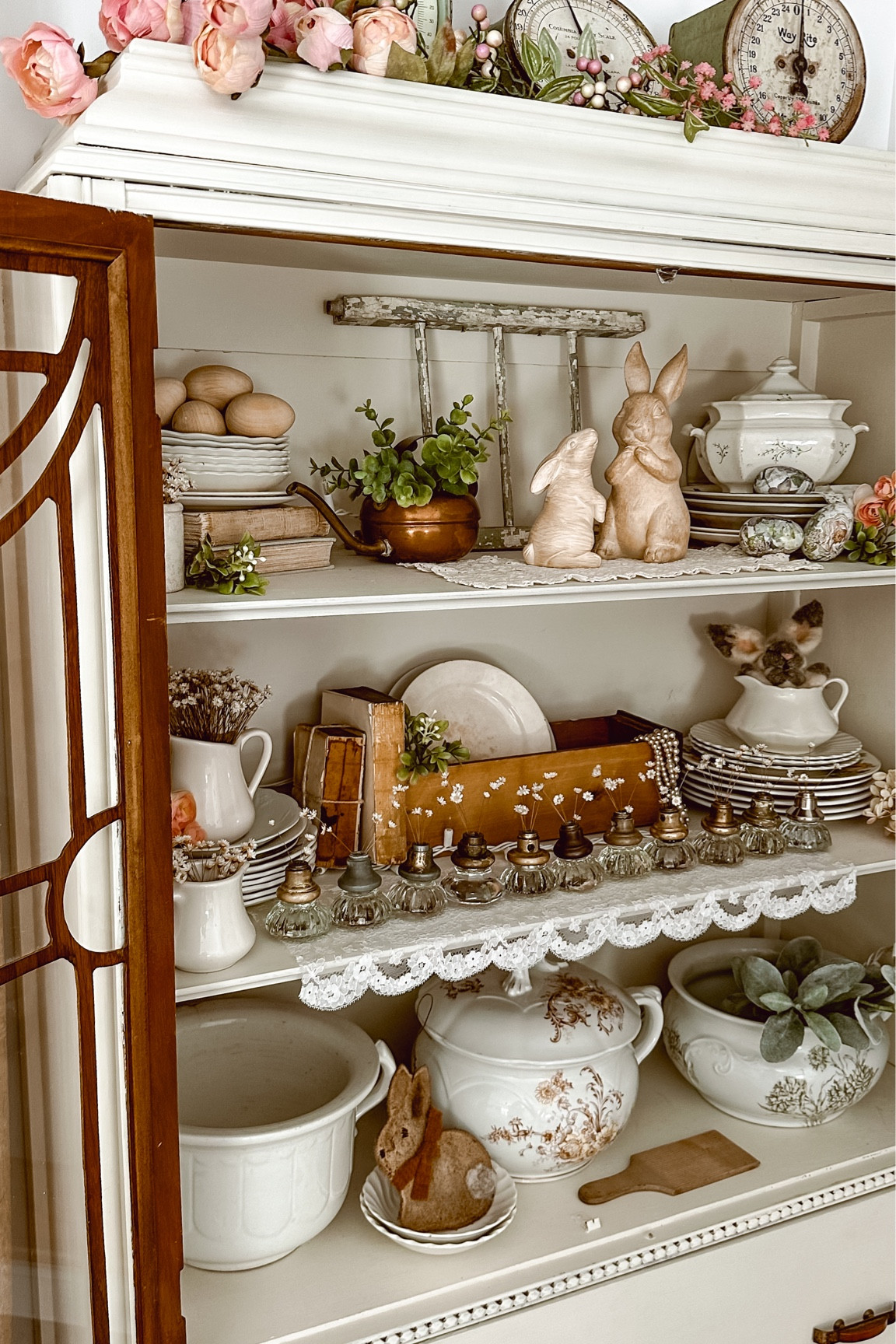 Vintage Spring hutch. I found similar cute needle felt bunnies and some hard to find Easter Prims! 🐇🐣

#LTKSeasonal #LTKFind #LTKhome