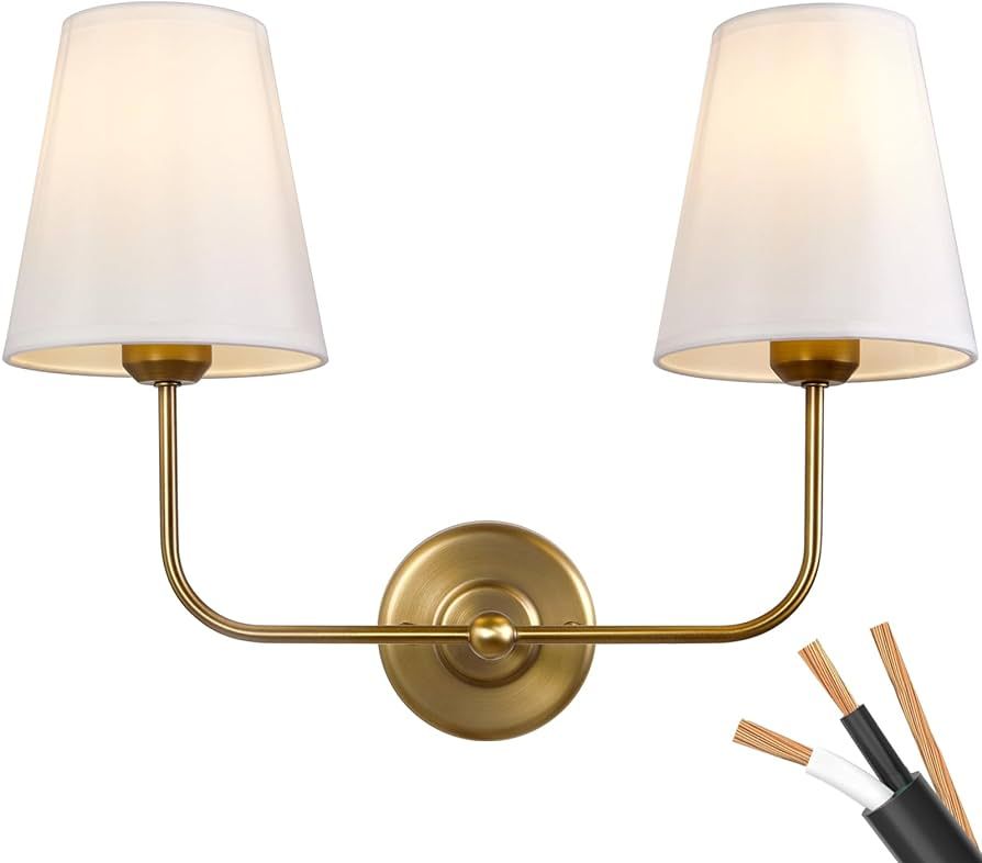 PASSICA DECOR Hardwired 2 Light Modern Armed Wall Sconce with 2pcs Antique Brass Flared White Fa... | Amazon (US)