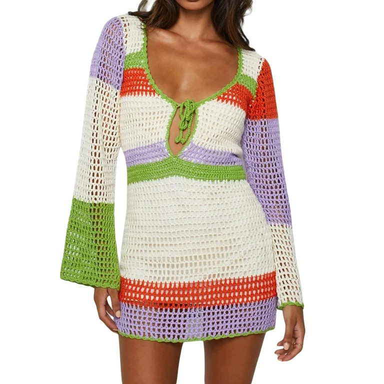 CenturyX Women Hollow Out Crochet Knit Dress Swimsuit Cover Ups Low Cut Halter Beach Dresses Sund... | Walmart (US)