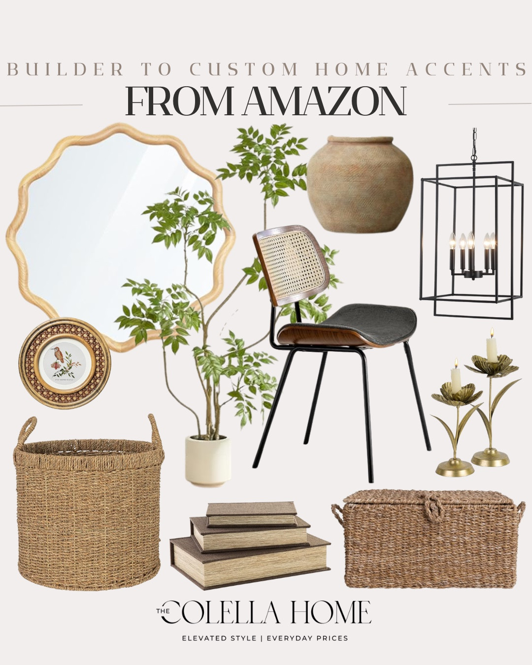Custom home accents from Amazon includes decorative box, candle stick holders, lighting fixture, vase, faux tree, dining chair, decorative stacked books, basket, mirror, small wall art.

Home decor, styled home, looks for less, home accents 

#LTKvlog #LTKSeasonal #LTKHome