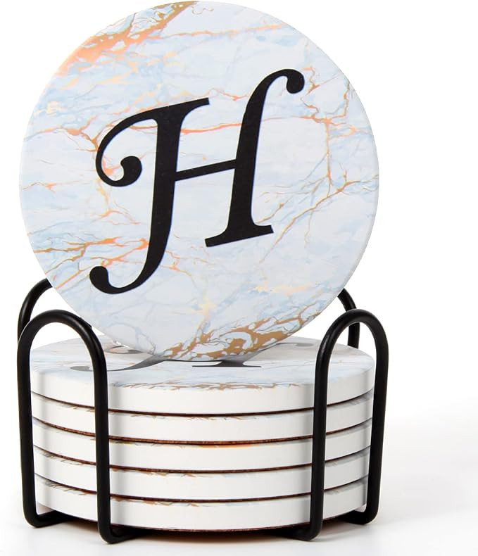 Monogrammed Coasters for Drinks Absorbents with Holder, Set of 6 Ceramic Marble Style Drink Coast... | Amazon (US)