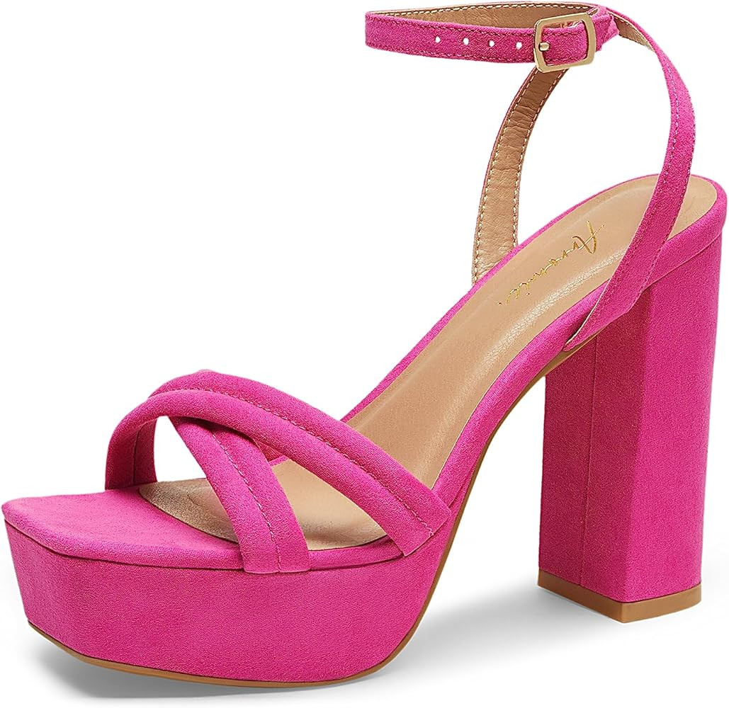 Arromic Women's Platform Heels High Chunky Sandals 4.5 Inches Square Open Toe Heeled Sandals Pink... | Amazon (US)