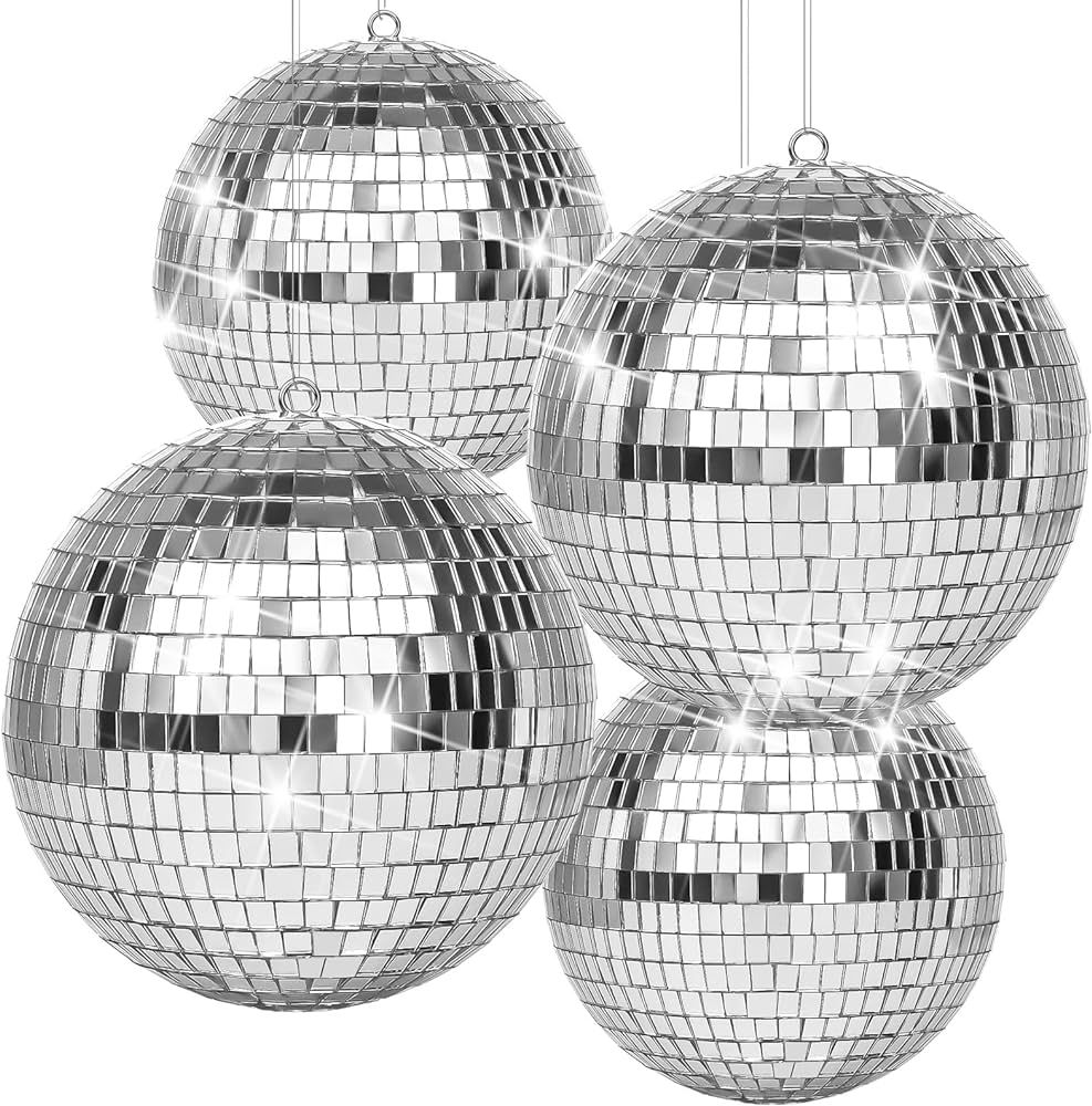 4 Pack Large Disco Ball Silver Hanging Disco Balls Reflective Mirror Ball Ornament for Party Holi... | Amazon (US)