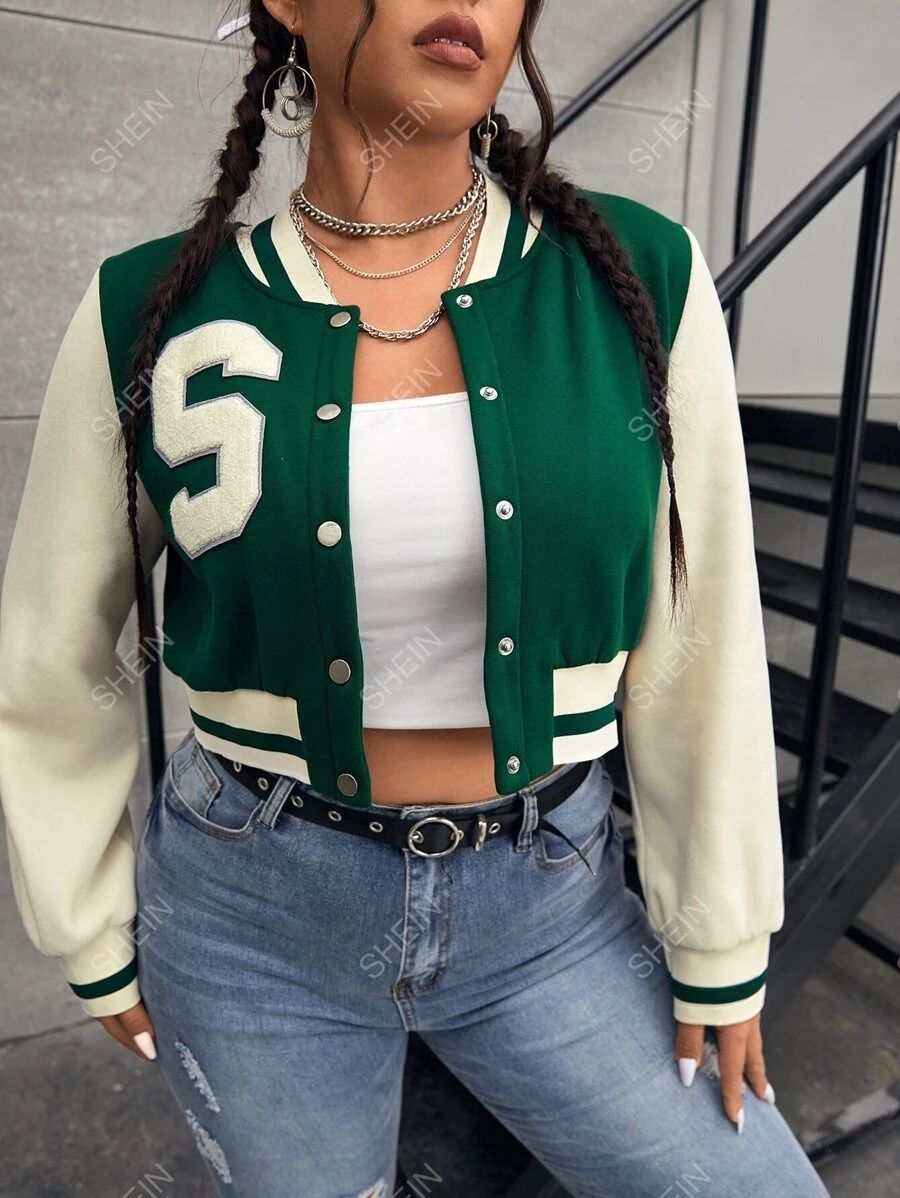 SHEIN EZwear Plus Letter Patch Detail Two Tone Varsity Jacket | SHEIN