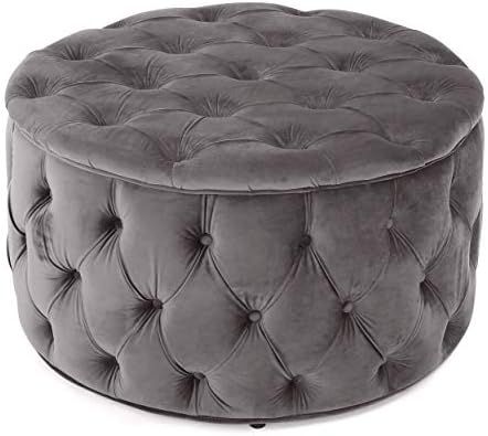 Provence Dark Grey Tufted New Velvet Round Ottoman | Amazon (US)