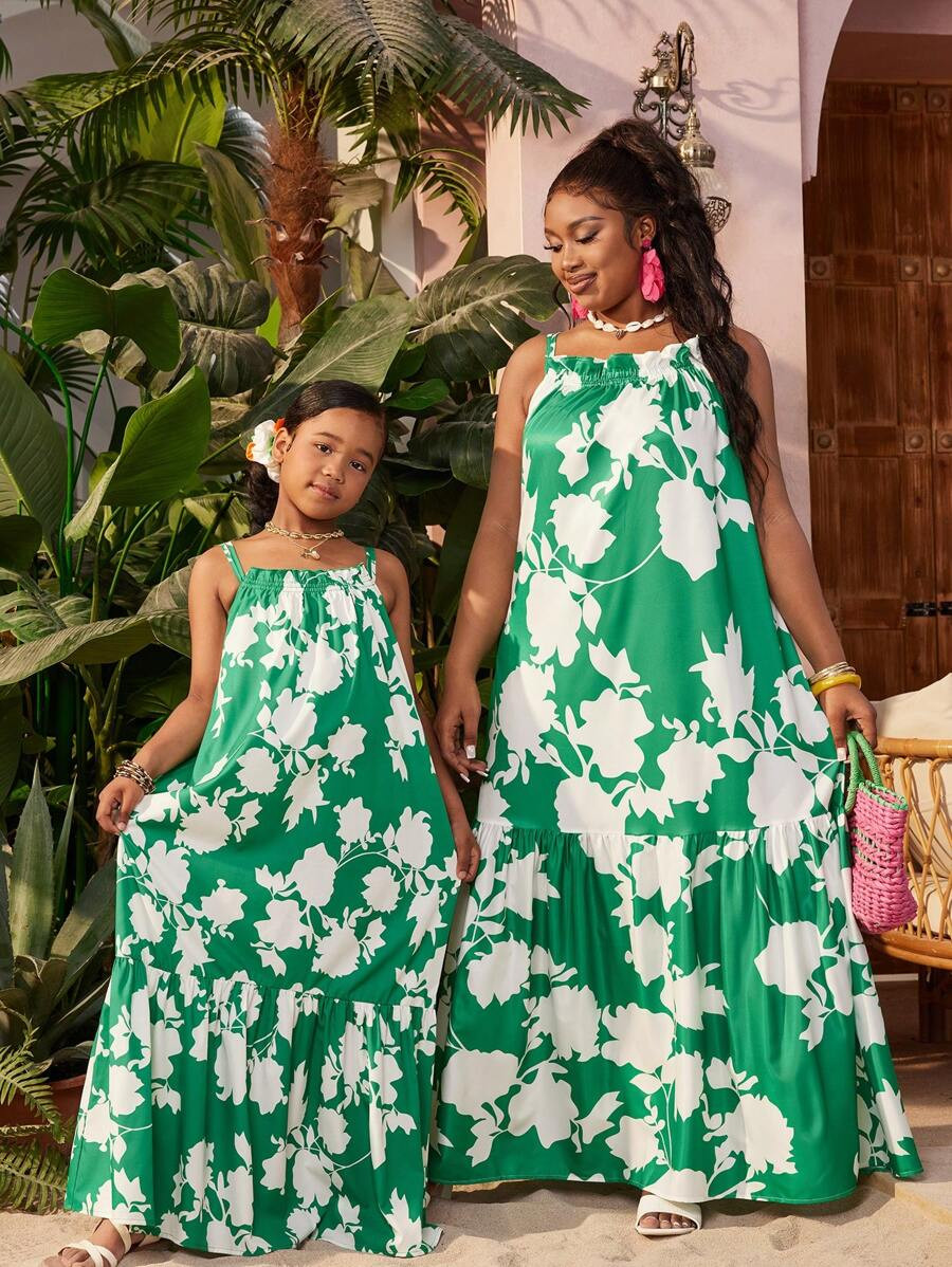 SHEIN Tween Girl Vacation Casual Spring/Summer Chiffon Floral Print Slip Dress, Mommy And Me Matc... | SHEIN