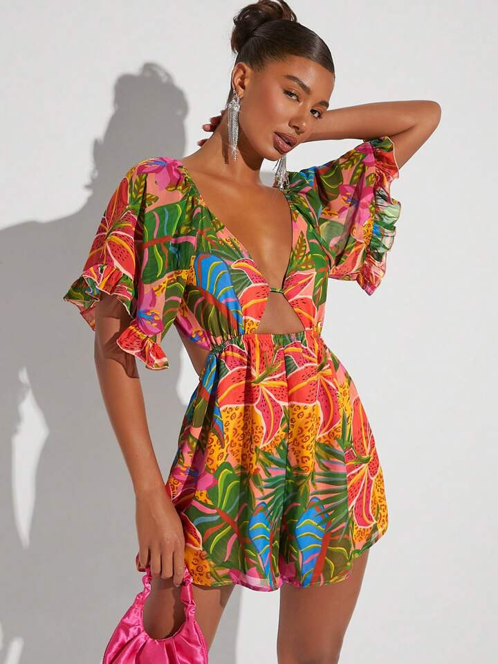 SHEIN VCAY Tropical Print Cut Out Front Flounce Sleeve Romper | SHEIN