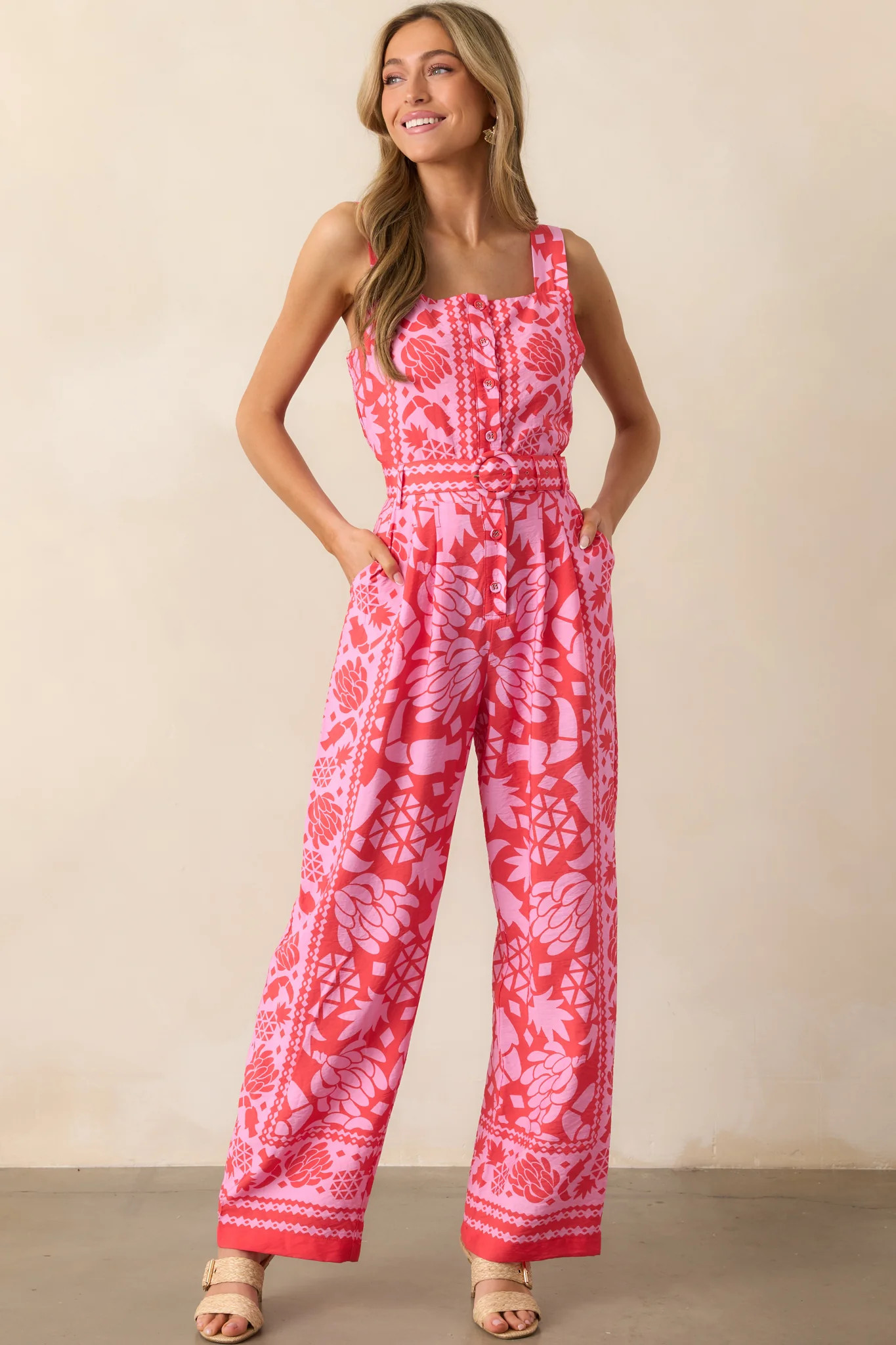 Take The Leap Coral Pink Floral Button Front Belted Jumpsuit | Red Dress