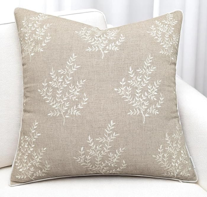 VAGMINE Embroidered Botanical Accent Pillow Cover 18x18 – Natural Linen Square Cushion Cover fo... | Amazon (US)