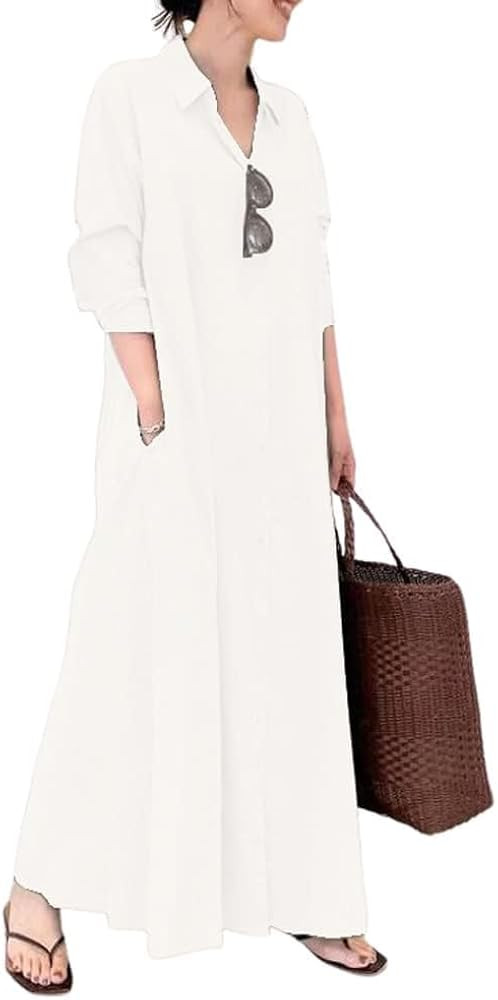chouyatou Women's Basic Loose Fit Long Sleeve Button Up Maxi Shirt Dress with Pockets | Amazon (US)
