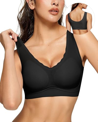 OEAK Womens Pullover Bras No Underwire Seamless Summer Brassieres Scalloped Everyday Bra Comfortable Full Coverage T Shirt Bra Black,XL | Amazon (US)