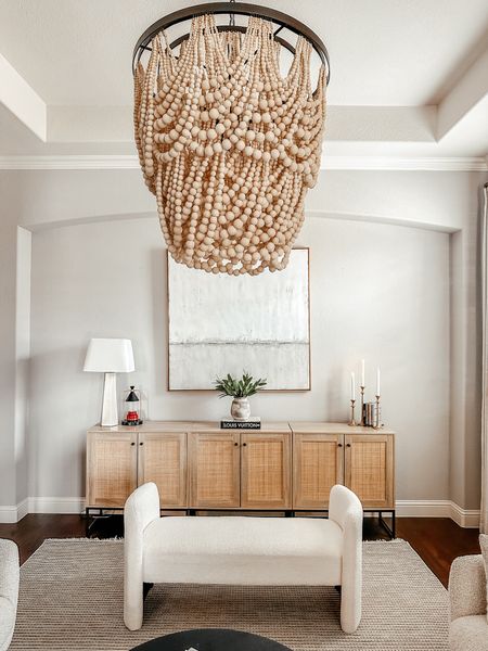 Front entryway cabinets. Beaded chandelier. Boucle bench. Front living room decor. Cabinet styling. Neutral home. Modern farmhouse style  

#LTKhome #LTKfindsunder50 #LTKstyletip