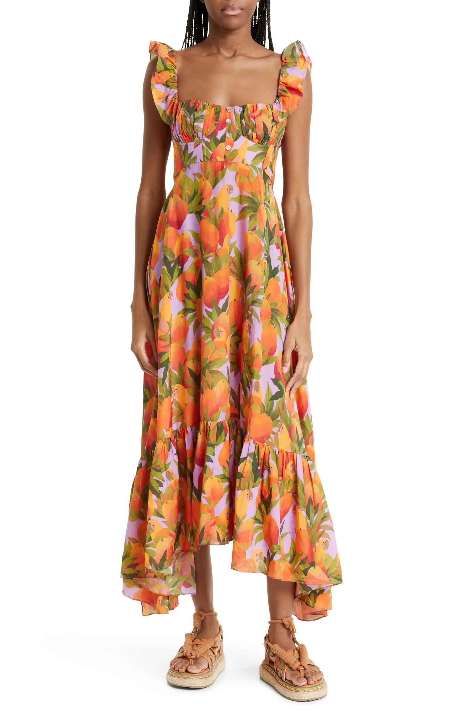 Mango Macaws Ruffle Cotton Blend Maxi Dress | Nordstrom