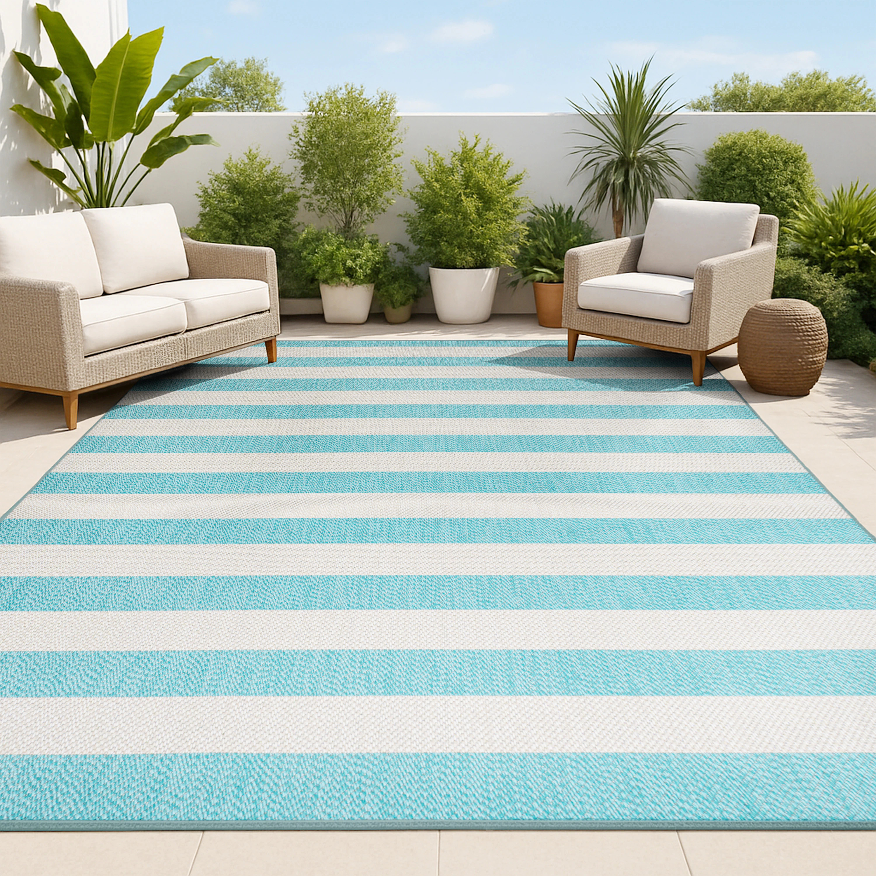 JONATHAN Y SANTA MONICA Negril Two-Tone Wide Stripe 4 x 6 (ft) Loomed Polypropylene Aqua/Cream Rectangular Indoor/Outdoor Stripe Mid-Century Modern | Lowe's