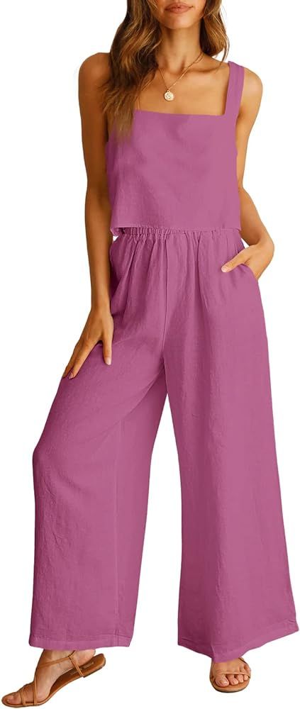 ANRABESS Women's 2 Piece Outfits Linen Pants Jumpsuit Matching Lounge Set Casual Summer Beach Vac... | Amazon (US)