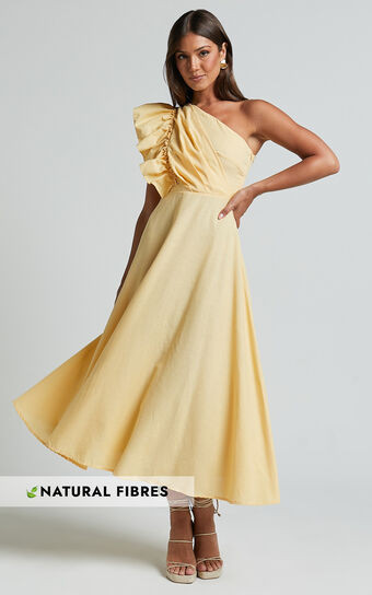 Dixie Midi Dress - Linen Look One Shoulder Ruffle Dress in Lemon | Showpo (US, UK & Europe)