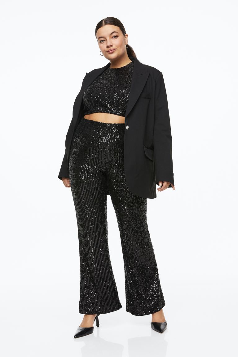 H&M+ Flared Sequined Pants - Black/sequins - Ladies | H&M US | H&M (US + CA)