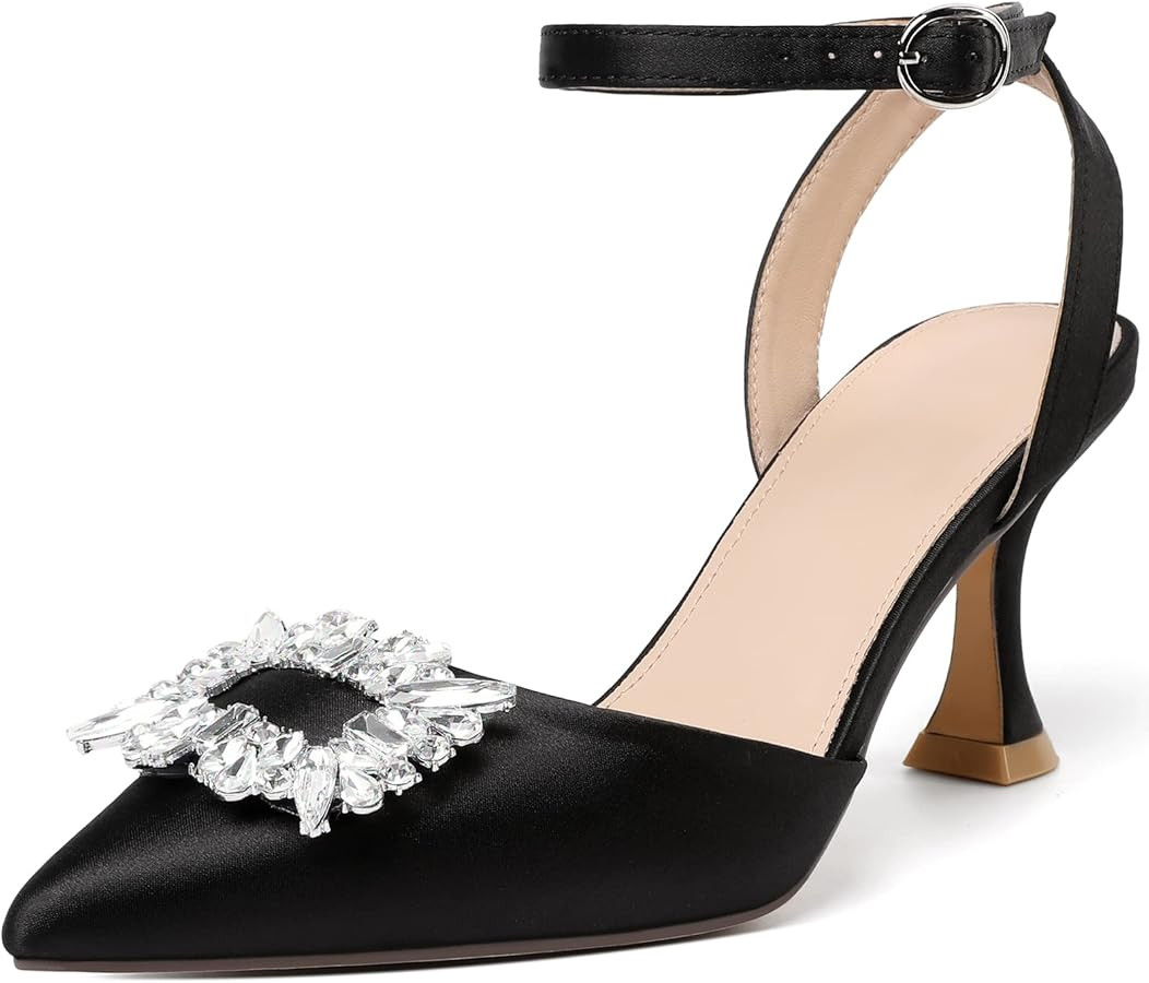 Susanny Women's Closed Toe Rhinstone Wedding Low Heel Slingback Clear Kitten Heels,Adjustable Str... | Amazon (US)