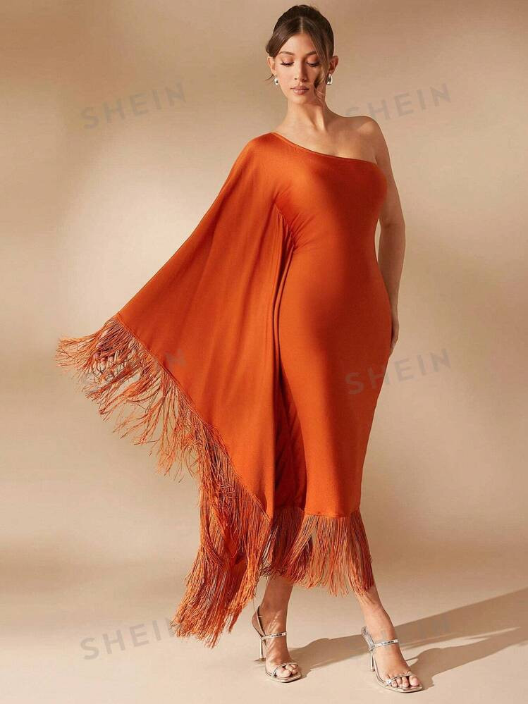 SHEIN Haute Women's Solid Color Asymmetric Batwing Sleeve Fringe Patchwork Bodycon Elegant Mid-Le... | SHEIN