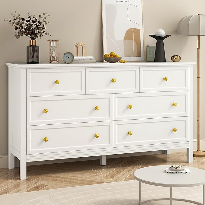 White Dresser for Bedroom with 7 Drawers, 55'' Large Wood Dresser with Gold Handles, Modern Wide ... | Amazon (US)