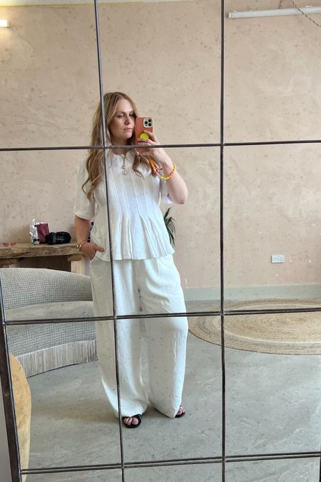 H&m, transitional outfit, spring outfit, spring fashion, summer outfit, white blouse, wide leg trousers, white trousers, black sandals, spring outfits, summer outfits, outfit ideas

#LTKspring #LTKeurope #LTKstyletip