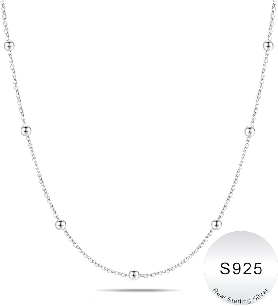 IEFWELL Solid 925 Sterling Silver Chain Necklace for Women, 1.6mm Satellite Bead Chain Necklace S... | Amazon (US)