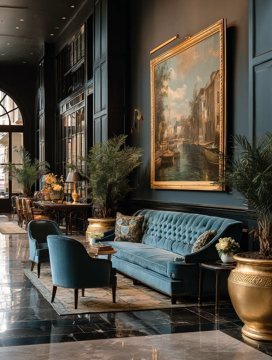 Bring hotel-lobby luxury home with a rich, traditional navy sofa paired with matching velvet chairs, warm gold accents, and a bold dark frame backdrop. The deep navy adds timeless drama, while the gold details soften the look with understated elegance. This is how you recreate that grand, old-world hotel feel — refined, confident, and effortlessly luxurious — right in your own living space.

#HotelLuxeAtHome
#NavyVelvet
#LuxuryLiving
#BoutiqueHotelStyle
#TimelessInteriors
#ClassicMeetsModern
#GoldAccents
#StatementSofa
#InteriorInspo
#HighEndInteriors
#ElegantLiving
#LuxuryHomeDecor 

 #LTKHome