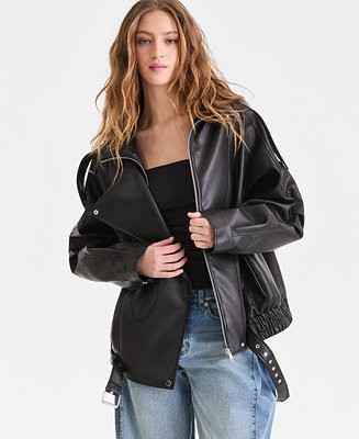 Bar III Women's Faux-Leather Zip-Front Bomber Jacket, Macy's Exclusive - Macy's | Macy's