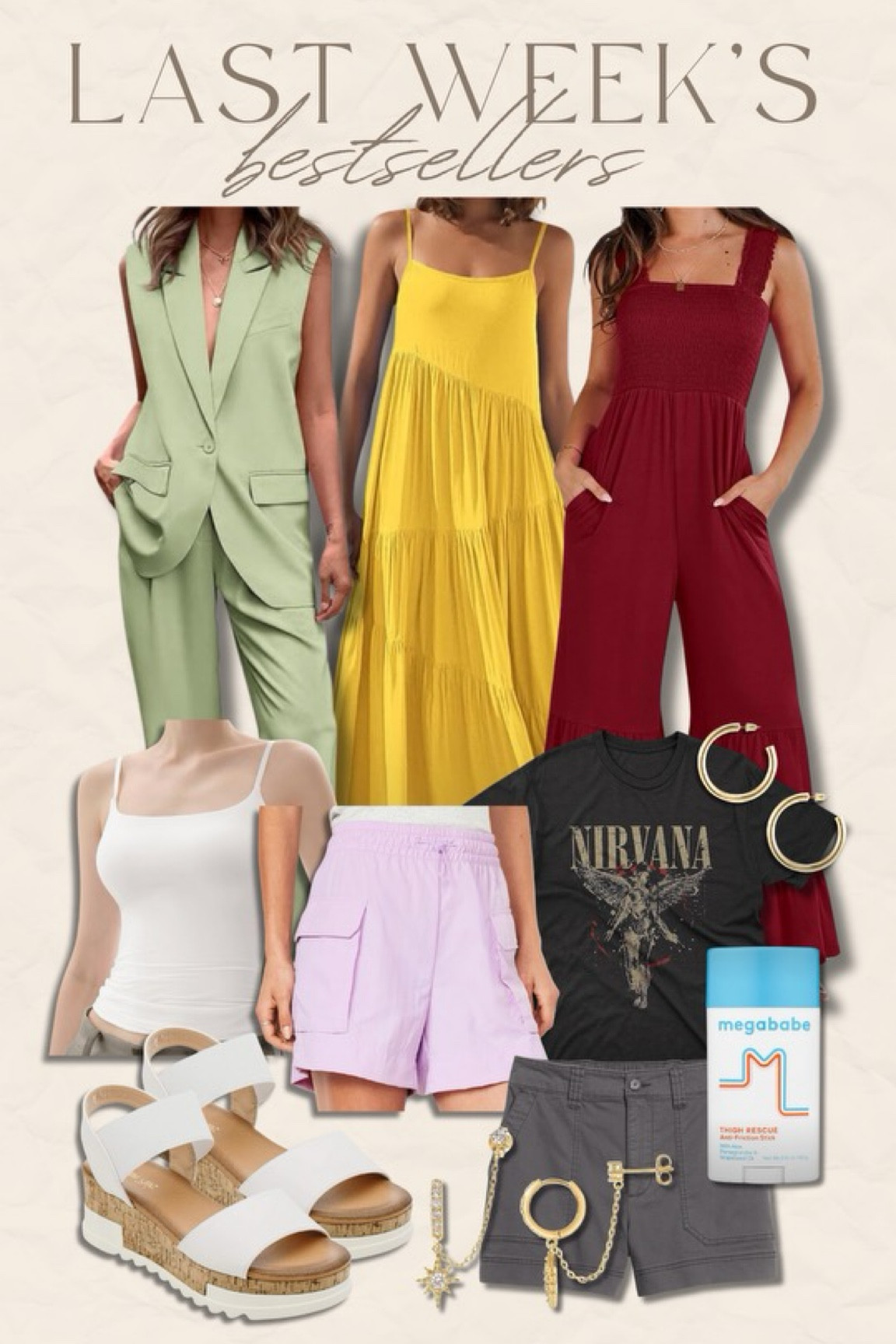 I’m 5’1”, size 10-12. GREEN SUIT SET: size large, true to size // YELLOW DRESS: size large, true to size // JUMPSUIT: size large, true to size // CAMI TANK: size large, true to size // CARGO SHORTS: size large, they run a little big, size down if you don’t want them as loose // NIRVANA TEE: I do the XL for an oversized fit // SANDALS: true to size // CHINO SHORTS: size large, true to size // my favorite gold hoops 45MM and small chain hoops // thigh rescue stick 

#LTKStyleTip #LTKFindsUnder50 #LTKMidsize