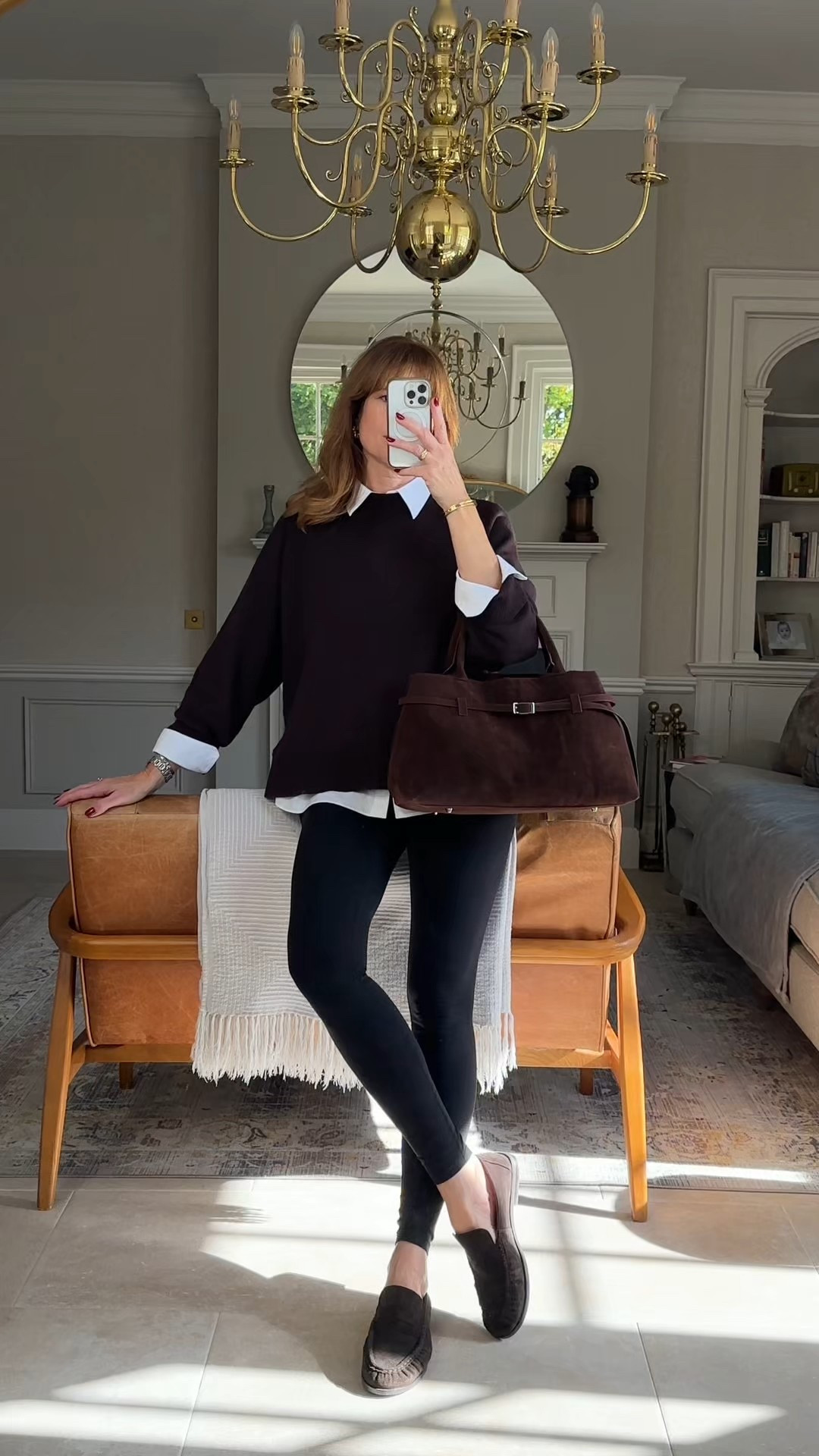 Chic leggings outfit
brown wool jumper size M
White shirt size S
Black leggings S Tall
Brown suede loafers 
Brown suede bag

#LTKstyletip #LTKuk #LTKautumn
