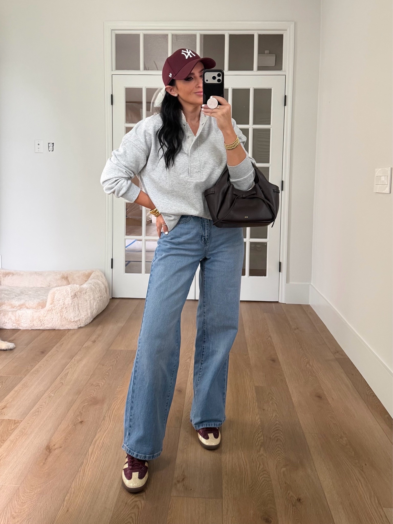 Scenario Women's Wide Leg Jeans. Women's Oversized Sweatshirt Mock Neck Henley