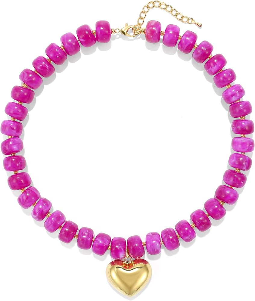 Chunky Heart Necklace for Women, Colorful Acrylic Beaded Statement Puff Heart Necklace, Cute Boho... | Amazon (US)