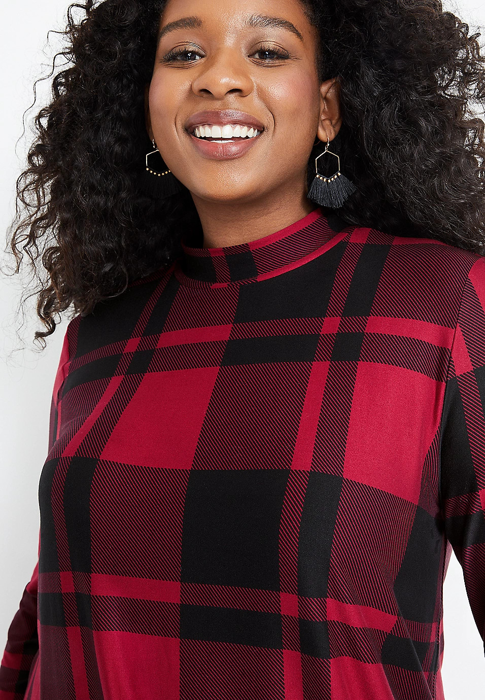 Plus Size 24/7 Red Plaid Mock Neck Mini Dress | Maurices