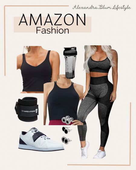 Workout outfit! Active outfit! Lounge outfit! Casual outfit! Black sports dress, matching set, black sports bag, weight lifting shoes, ankle weights, and protein shake bottle! Amazon finds! 

#LTKfindsunder50 #LTKfitness #LTKActive