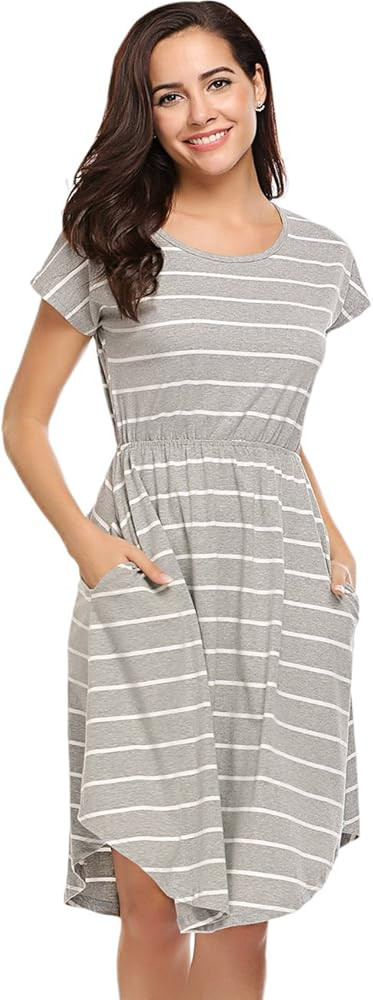 Halife Women's Short Sleeve Stripe Elastic Waist Casual Dress with Pocket | Amazon (US)