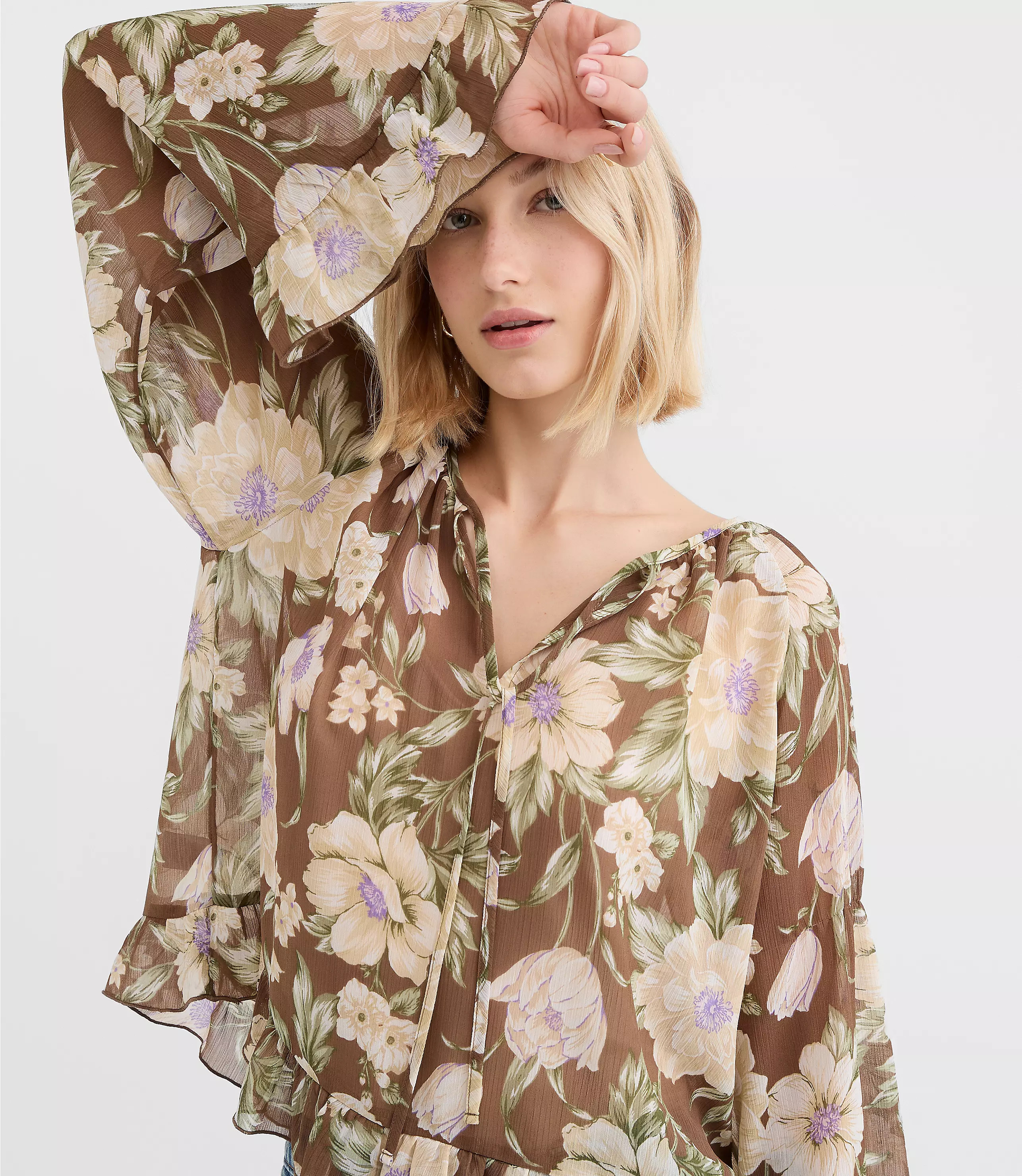 Floral Tie Neck Bell Sleeve Blouse | LOFT